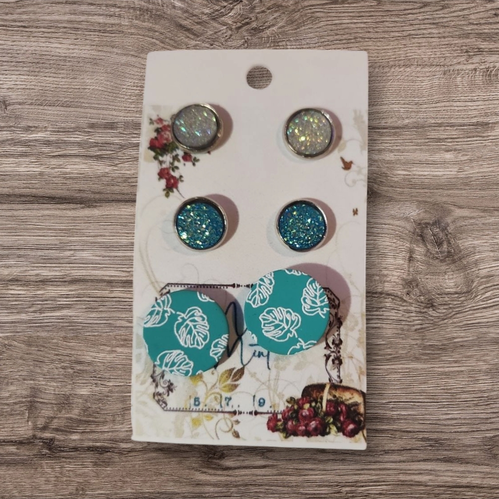 Glittering Blue and Teal Earring Trio